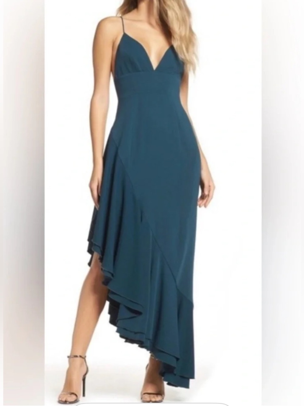 C/MEO Collective Teal Asymmetric V-Neck gown